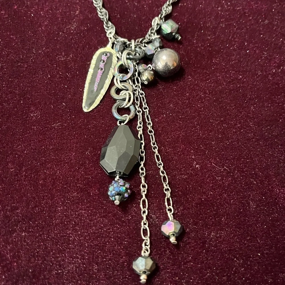 Long Statement Necklace with Dangle Fringe Detail Black Purple Feather